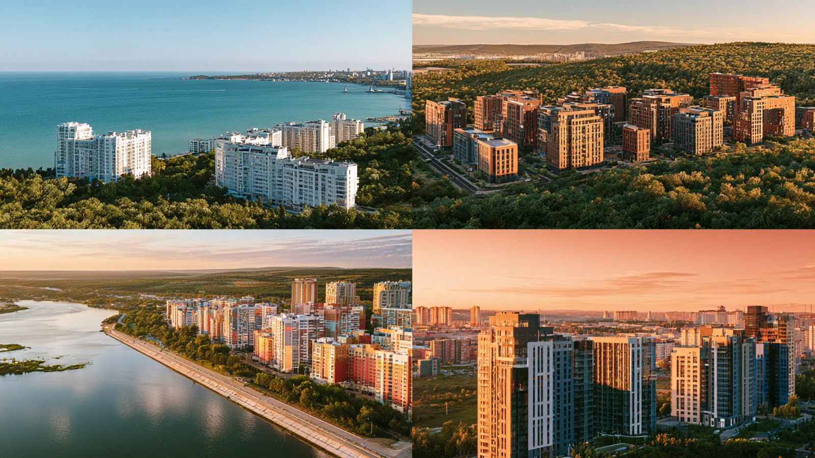 Продажи новостроек летом 2026: Уфа, Екатеринбург, Тюмень и Крым Условный коллаж четырёх городских пейзажей — итоги лета 2026